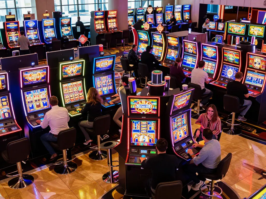 Players enjoying thrilling slot machines at dash88 casino, colorful vibrant atmosphere and dynamic interactions.
