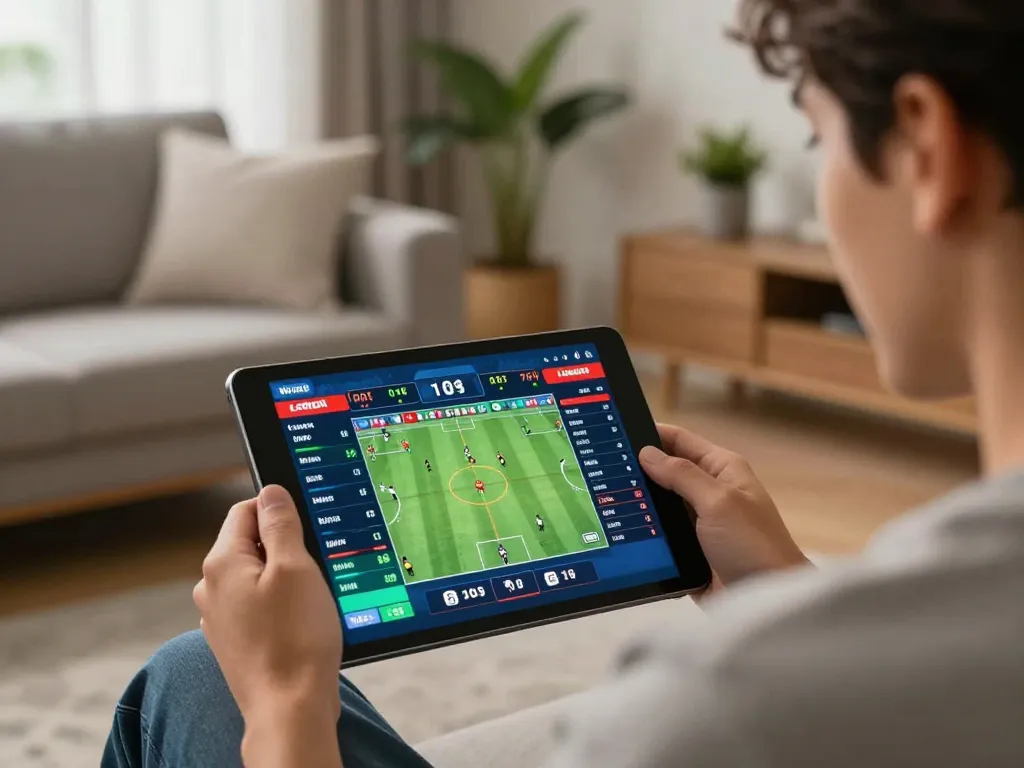 Person placing sports bets on tablet, showcasing 8xbet betting odds in a modern setting.