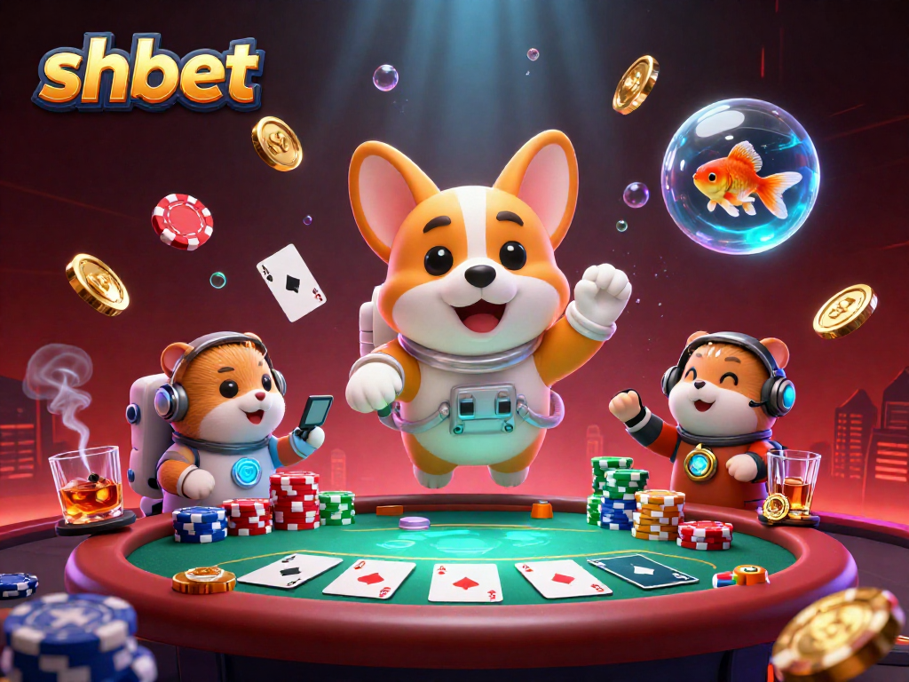 Engaging shbet scene with an astronaut corgi and poker elements in a floating casino.