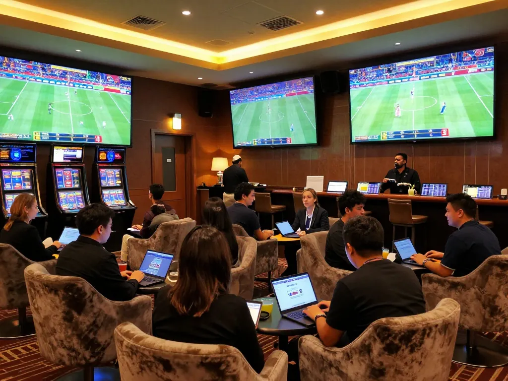 Active sports betting in a luxurious lounge, showing excitement with Nhà Cái FB88 screens displaying live events