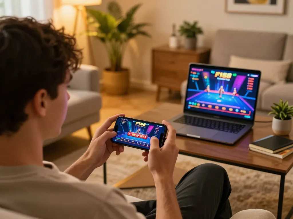 Engaging player enjoying F168 casino app on smartphone in cozy home setting