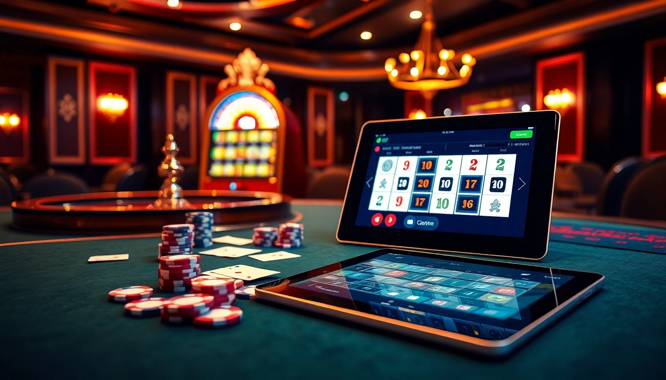 Engage with thrilling gaming at https://f8bet.net.in/ featuring casino tables, vibrant slot machines, and poker chips.