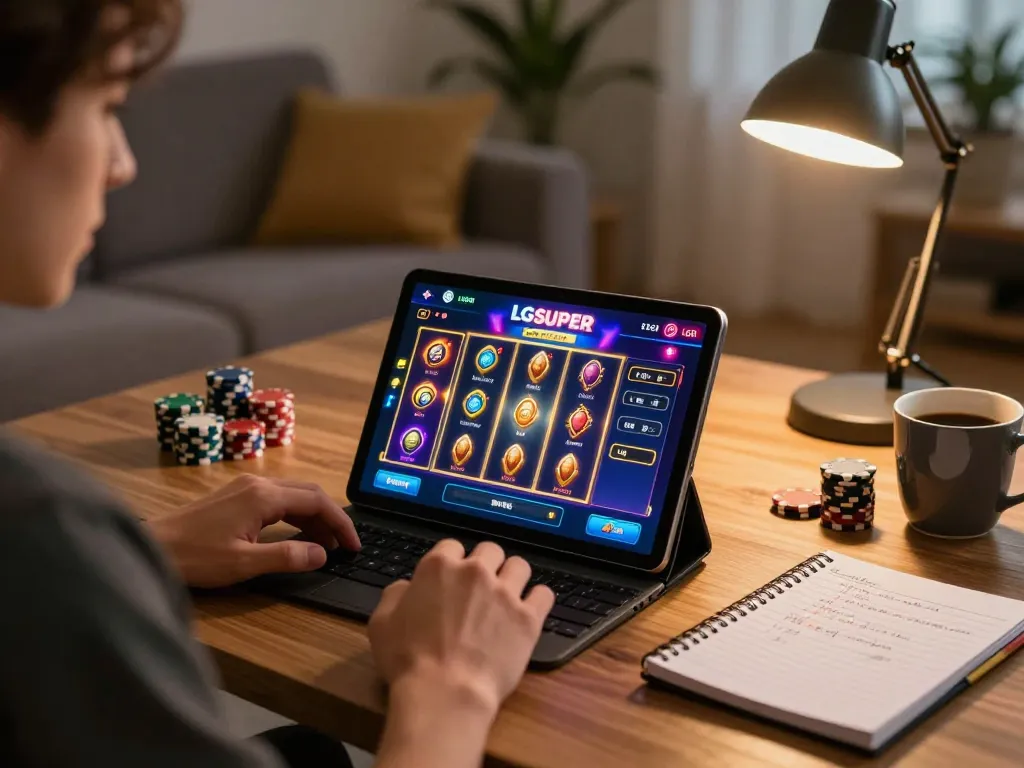 Engaging player enjoying LGOSUPER slot games on tablet in cozy home setup.
