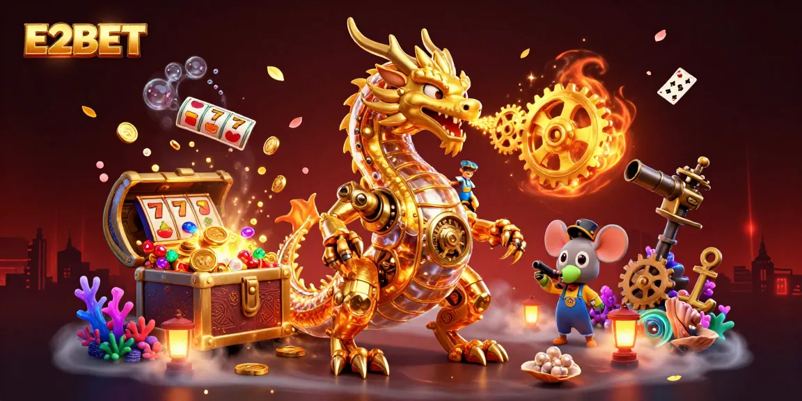 Win big at E2BET with exciting slots and golden treasures in this vibrant casino illustration.