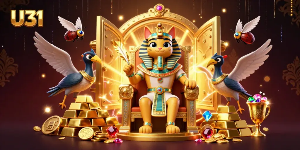 Engage in thrilling gameplay at U31 Casino with pharaoh cat and treasures of gold and jewels.