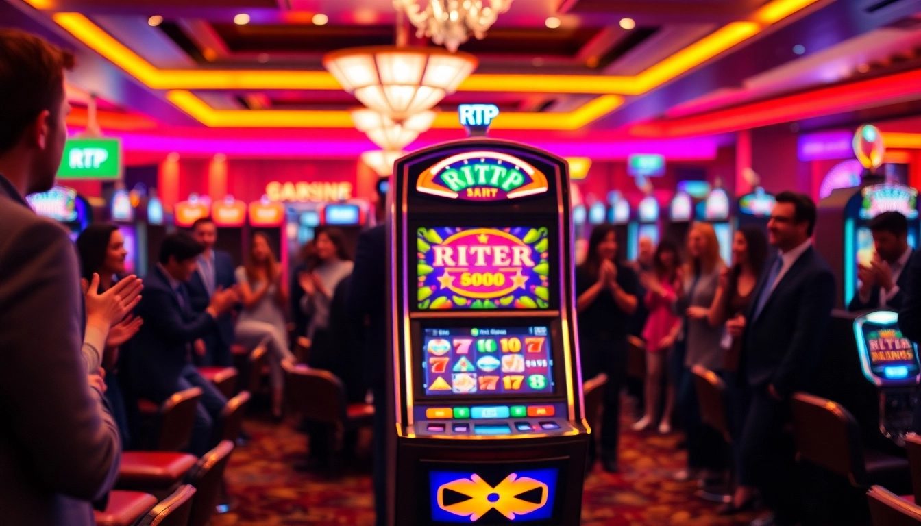 Engaging players gathered around an exciting rtp slot machine in a vibrant casino.