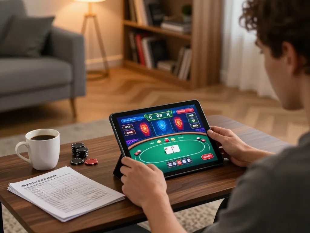 Player engaging with w4u poker game on tablet at home setup, showcasing strategic gameplay.