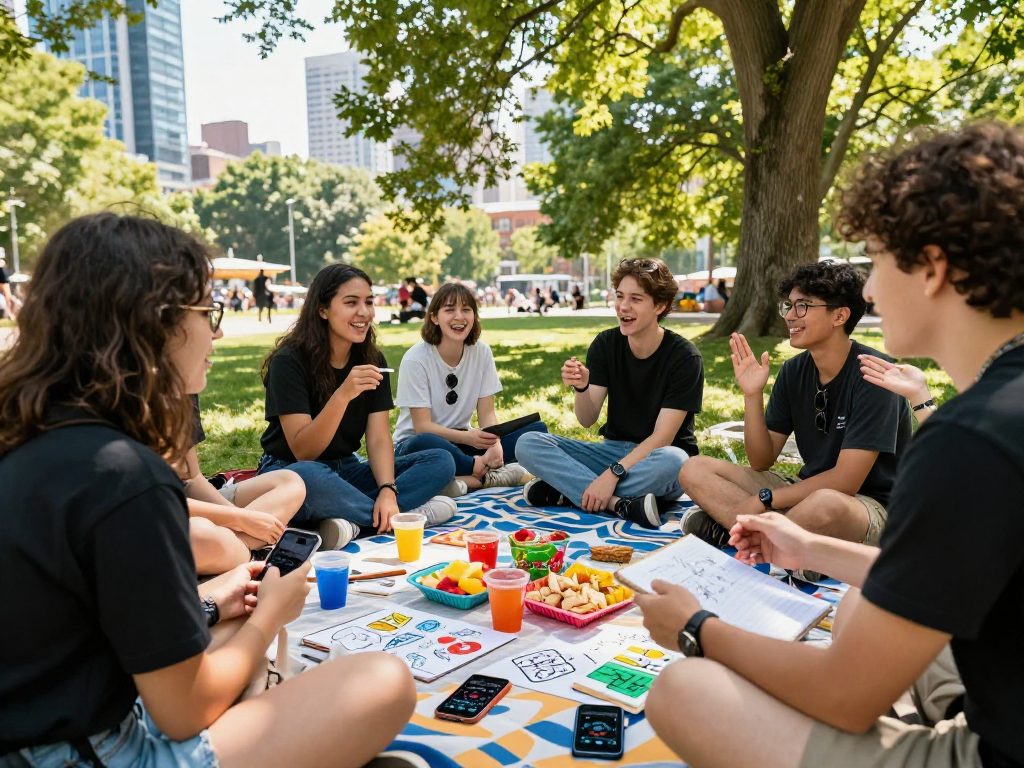Group enjoying summer outdoor activity discussing rokok 88 gameplay in vibrant urban park