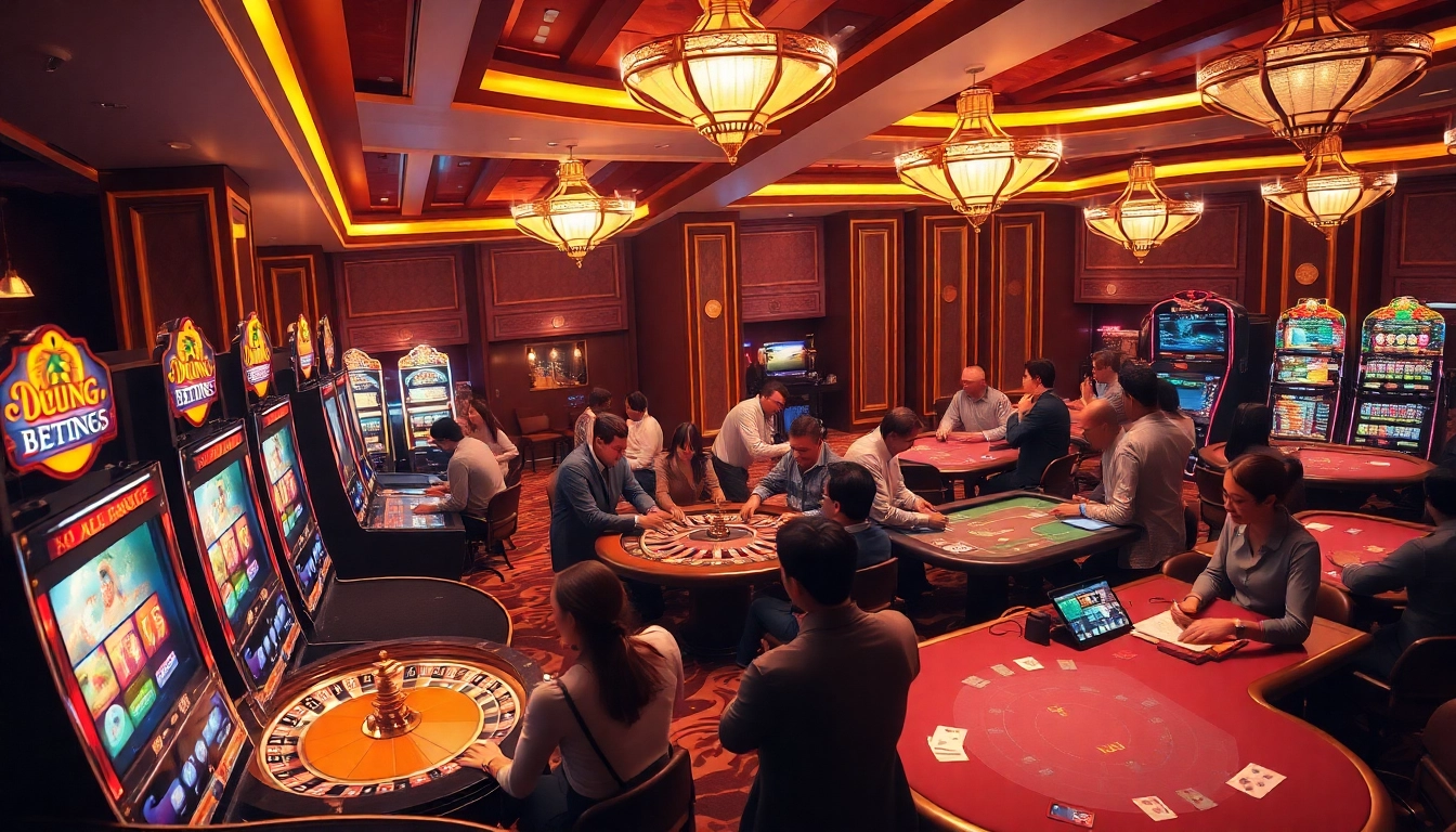Kèo nhà cái betting scene with excited gamblers at a lavish casino, showcasing tables, slots, and odds displays.