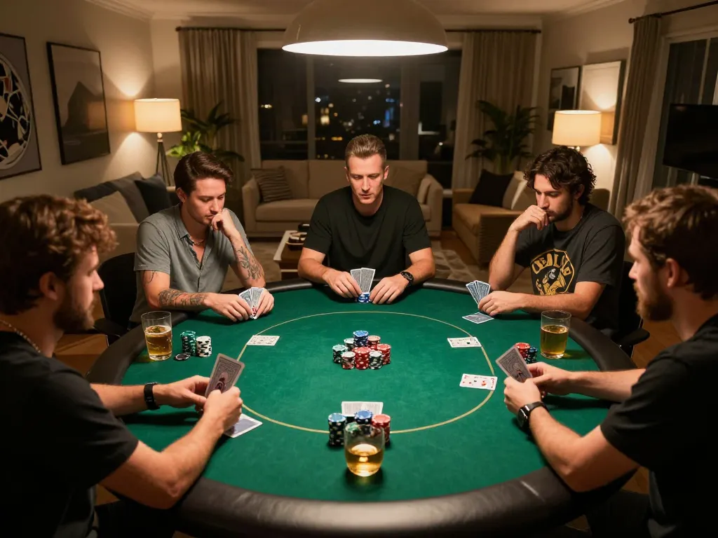B52club players strategizing at a poker table during an engaging home gaming night.