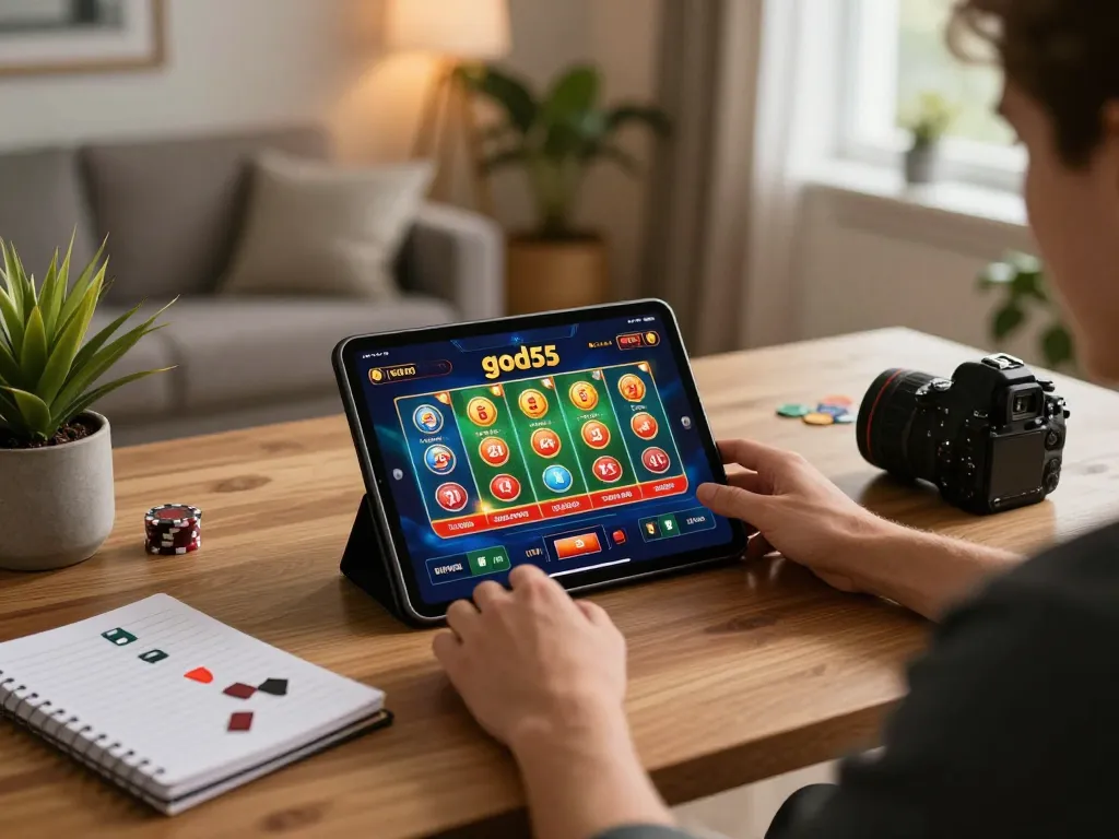 Player enjoying god55 casino on tablet in a cozy home setup, emphasizing online gambling experience