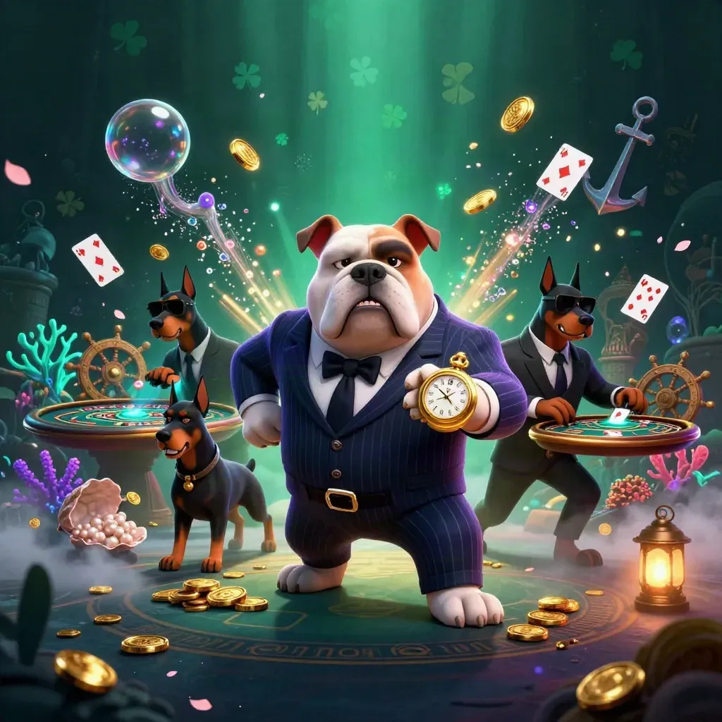 Cartoon bulldog boss and two Doberman bodyguards amid treasure, casino tables, coins, and neon underwater effects.