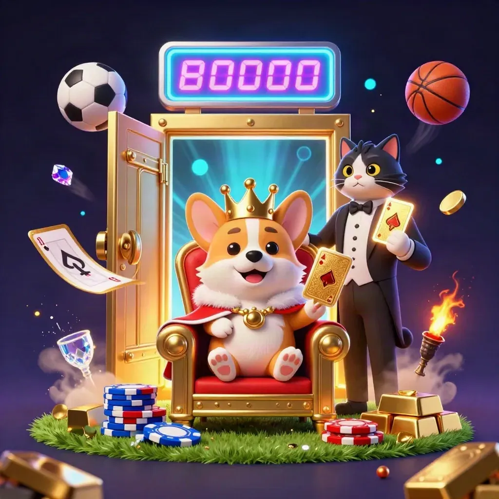 Royal corgi and cat butler amid flying sports gear, gold vault, and neon casino light.