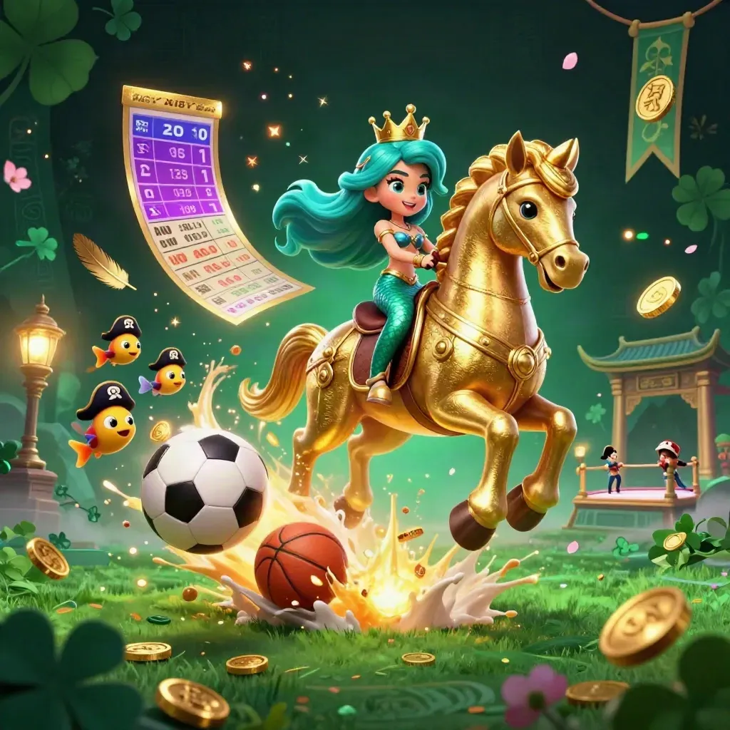 Mermaid princess on armored seahorse amid sports balls, coins, fog, and neon casino fantasy.