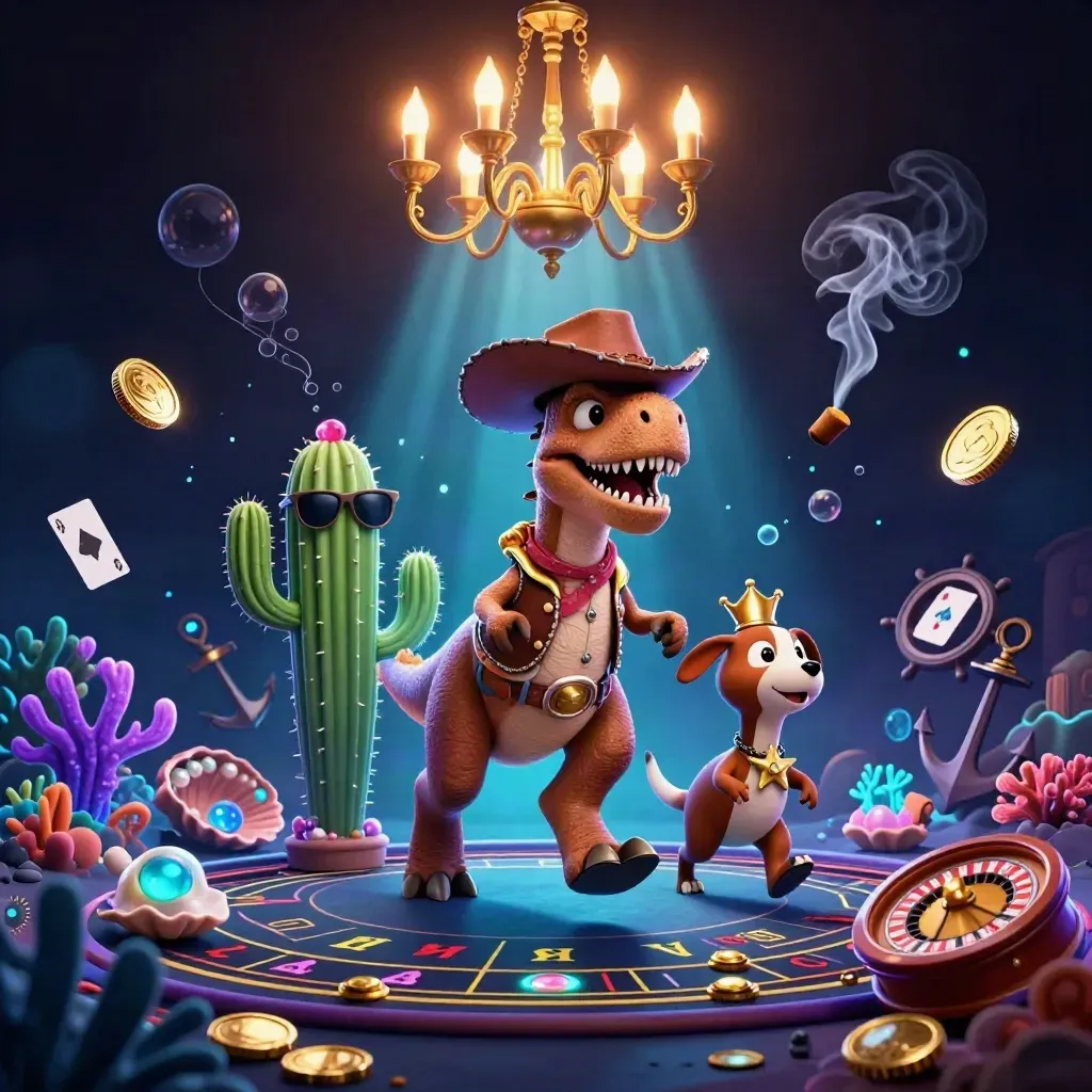 Cartoon T-Rex, cactus, and roadrunner amid neon casino treasure and underwater glow.