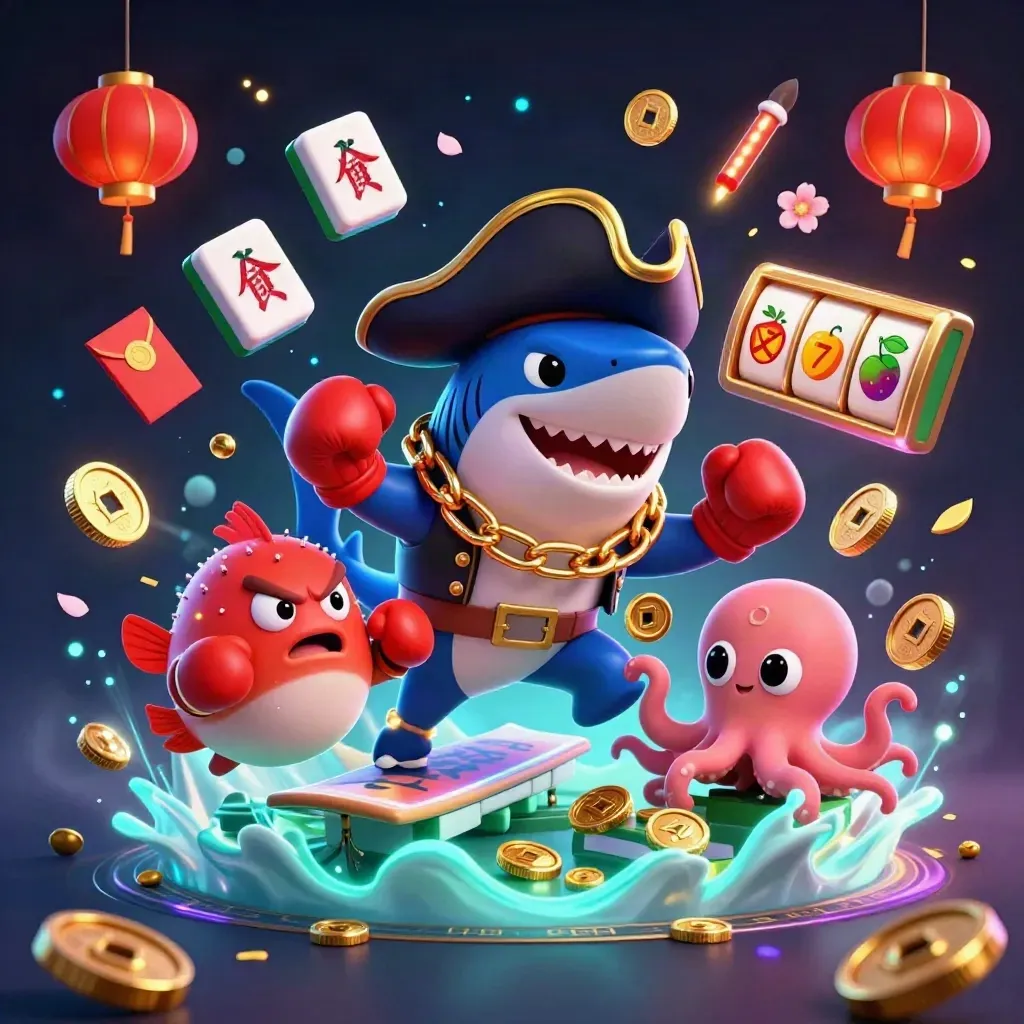 Pirate shark, boxing pufferfish, and coin-juggling octopus amid neon casino treasure on navy.