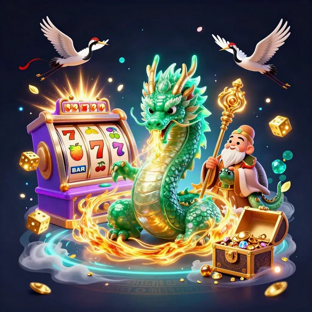 Jade dragon, turtle sage, and cranes amid slot bursts, gold fire, cyan magic, and treasure.