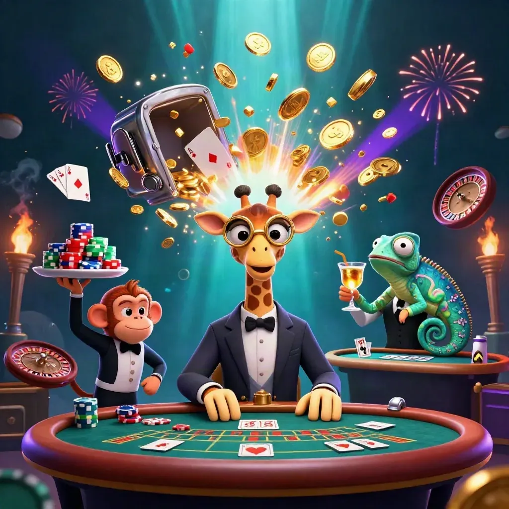 Giraffe gambler, monkey valet and chameleon bartender amid exploding coins, chips and casino lights.