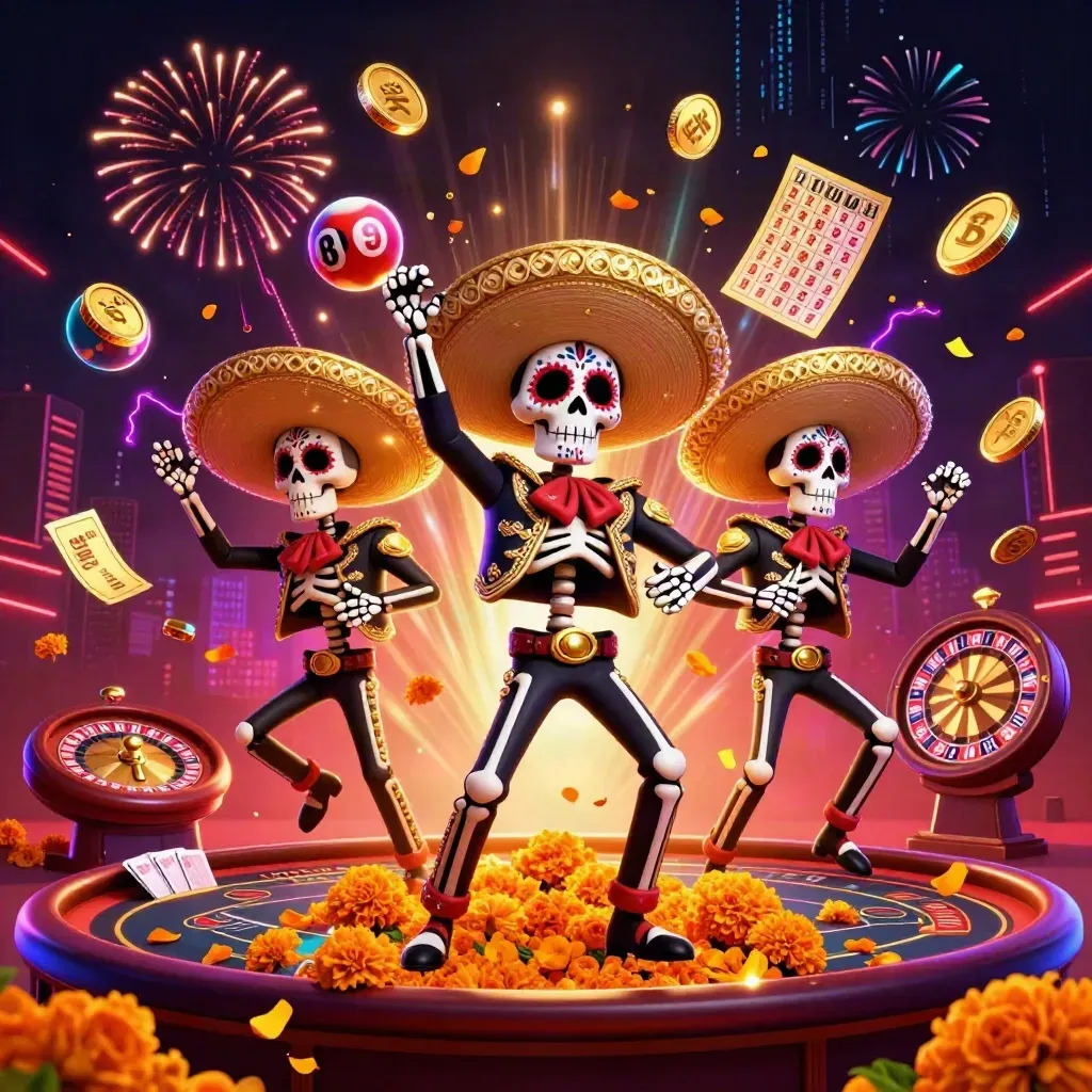 Skeleton mariachi trio amid exploding coins, lottery balls, roulette wheel, and casino gold.