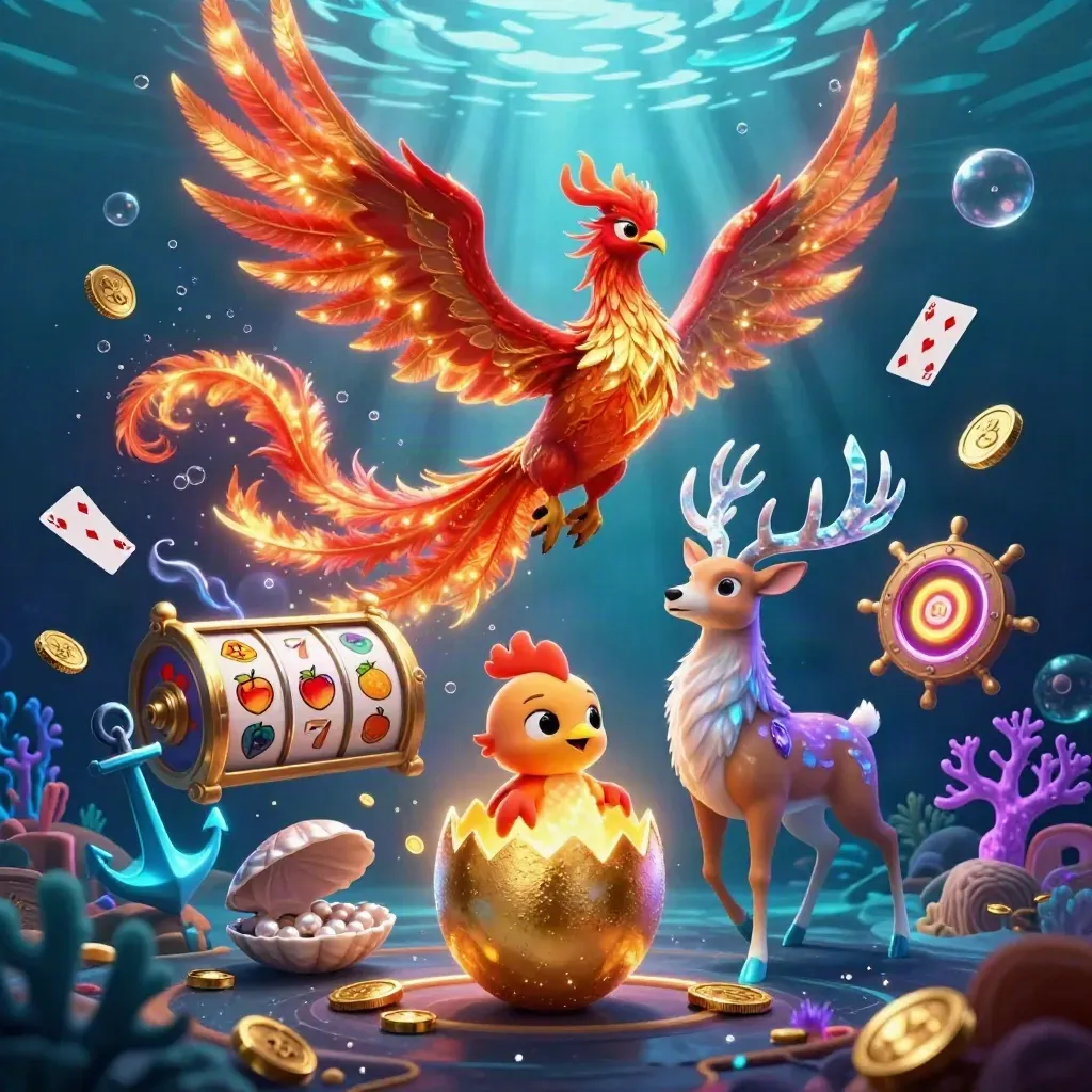 Phoenix, hatching chick, and crystalline stag in a neon underwater casino treasure cove.