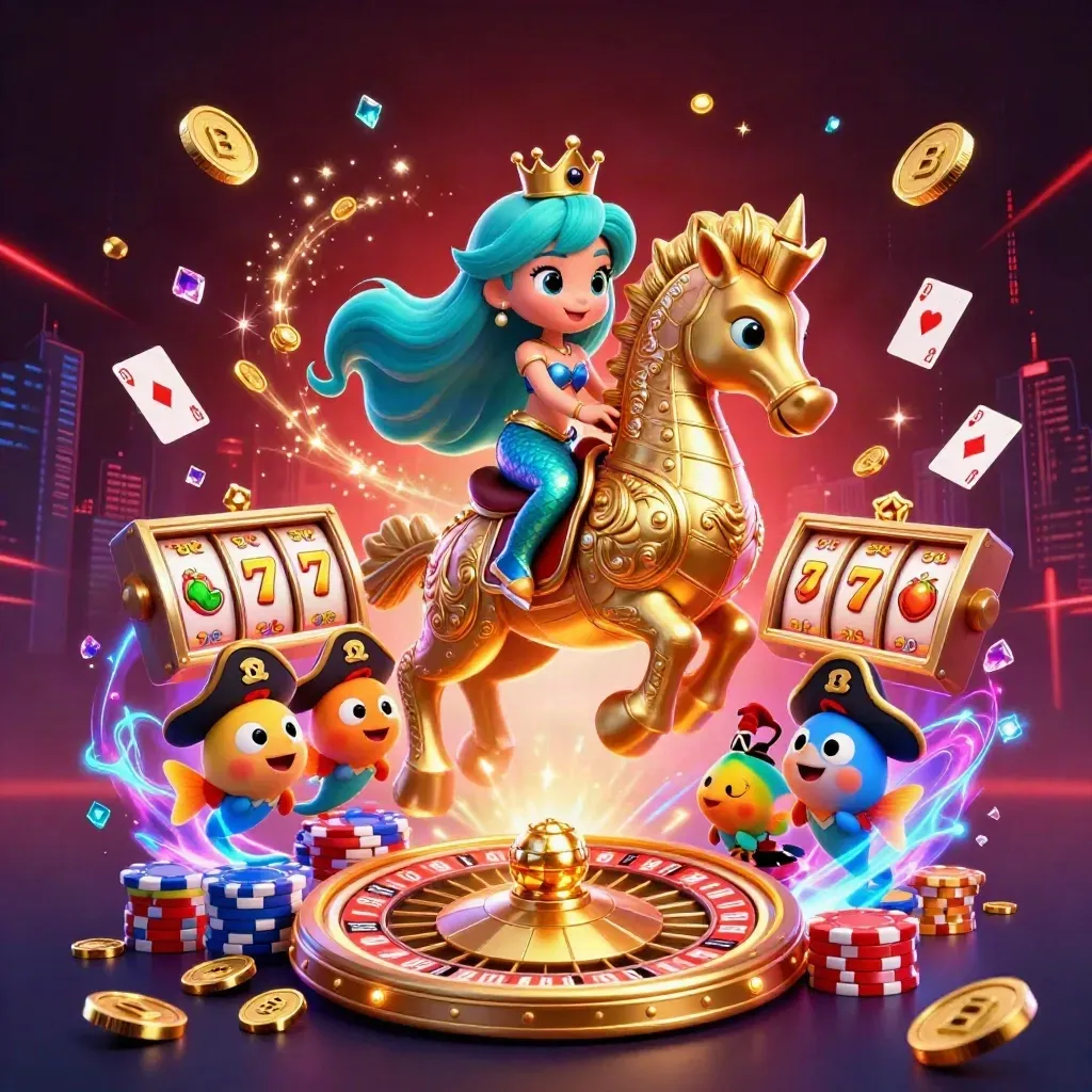 Mermaid princess on armored seahorse amid casino coins, cards, chips, roulette and neon energy.