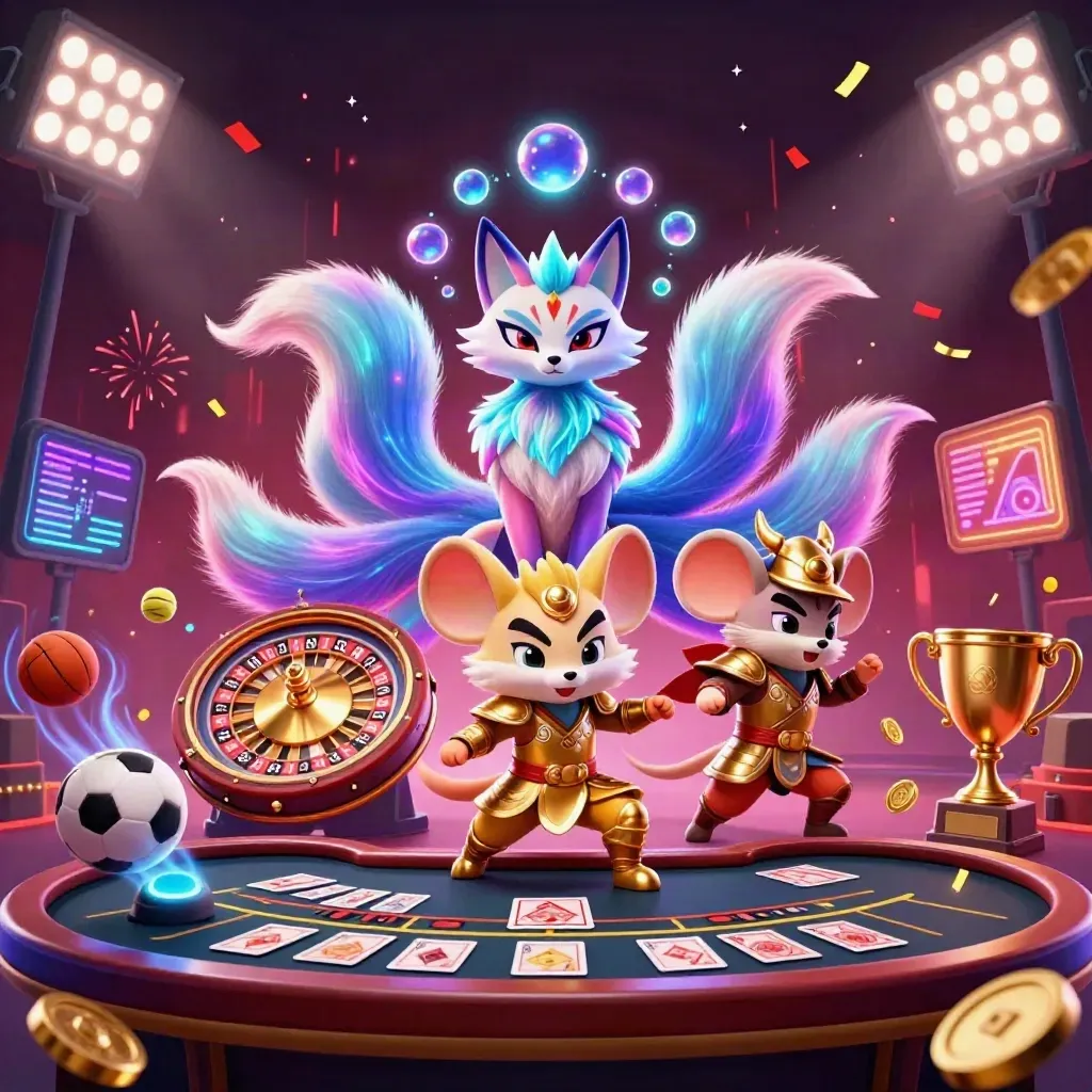 Neon fox spirit and armored mouse with casino rewards, balls, cards, coins, and roulette glow