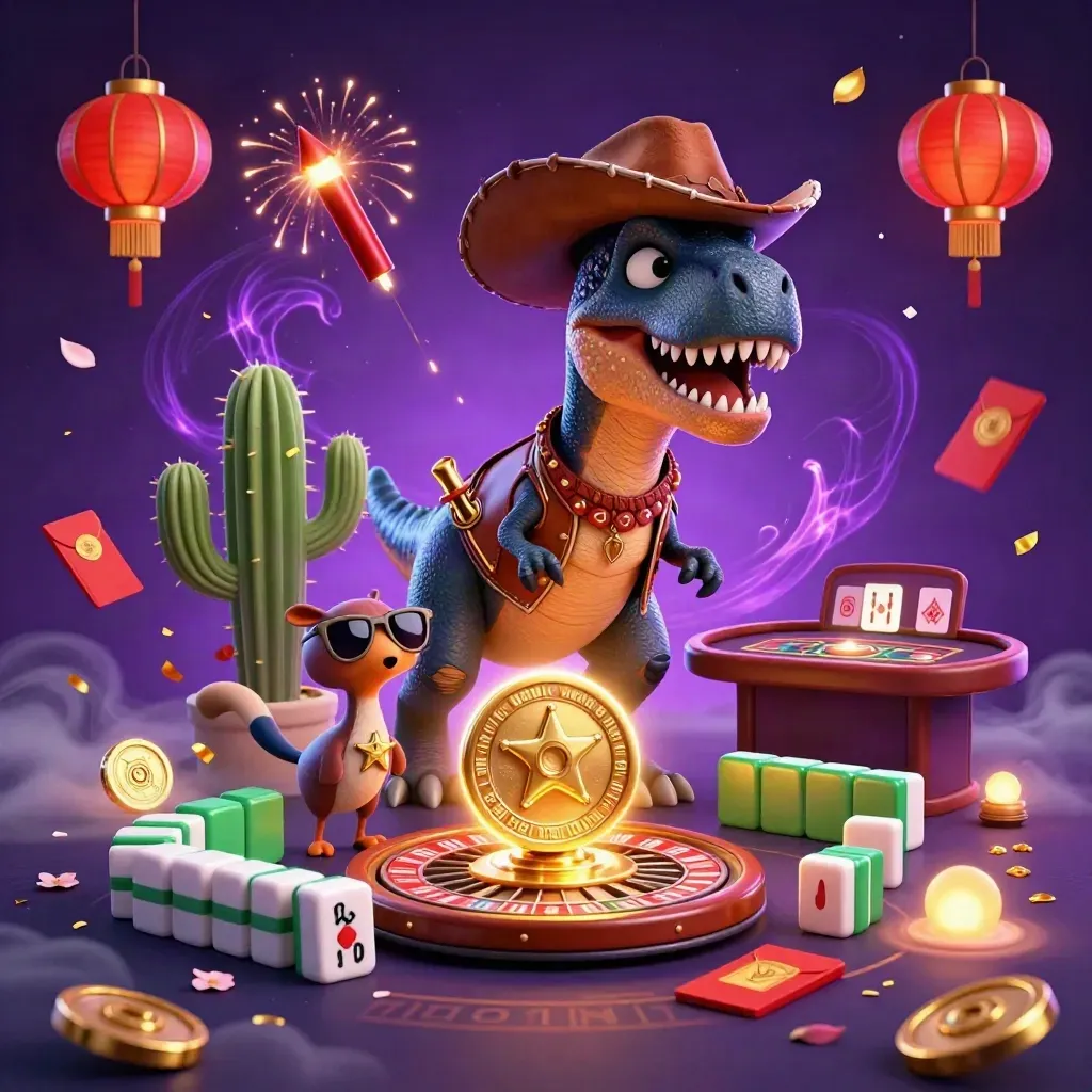 Neon cowboy T-Rex, cactus sidekick and sheriff roadrunner amid casino rewards and glowing neon.