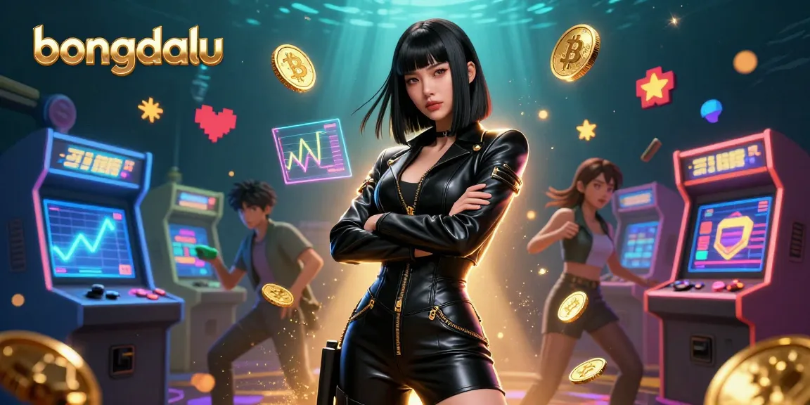 Bongdalu showcases a striking Asian woman in leather, surrounded by arcade elements and Bitcoin coins, enhancing betting excitement.