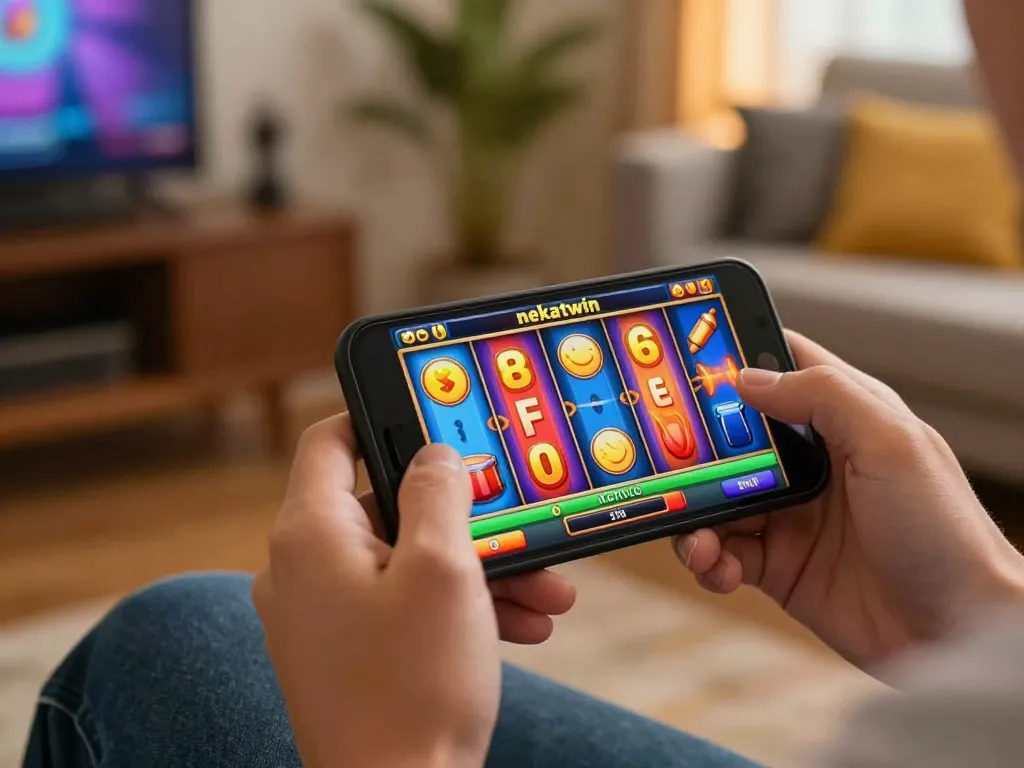 Experience thrilling wins with slot nekatwin on smartphones in a cozy home setting.