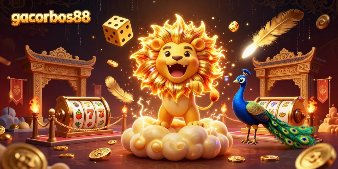 Experience thrills at gacorbos88 with vibrant 3D illustration of golden dice and majestic lion, surrounded by exciting slot elements.