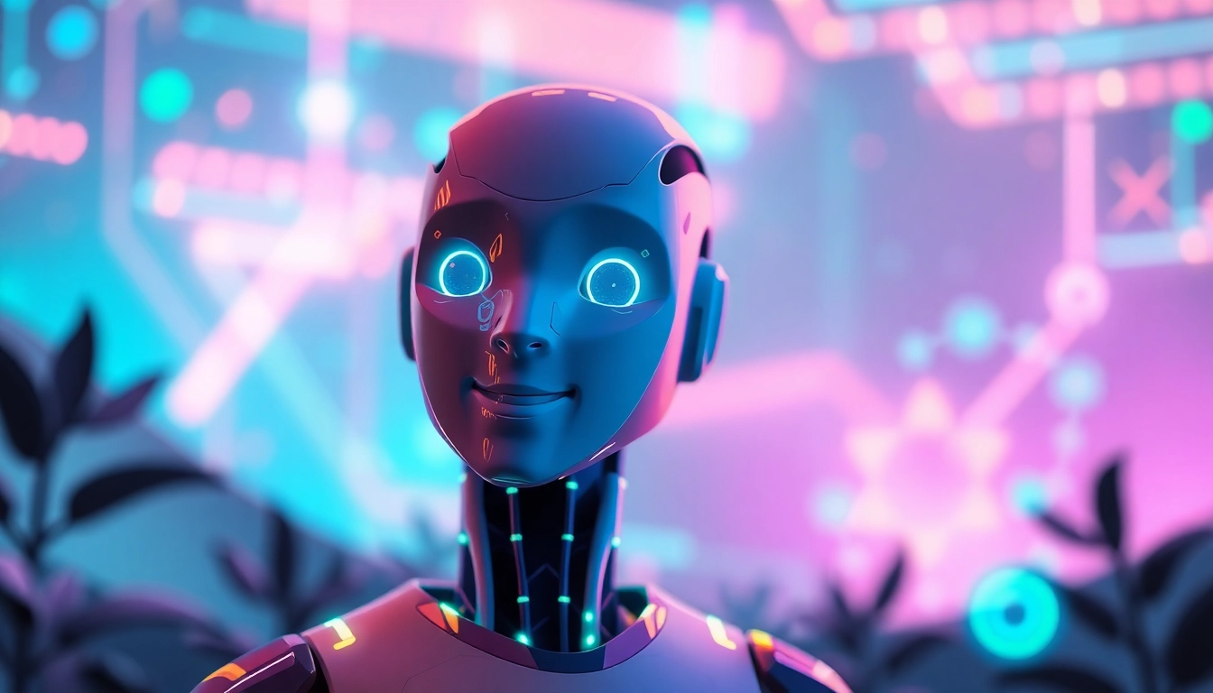 AI slut chatbot interface with a friendly character in a vibrant digital landscape, showcasing innovative AI companionship.
