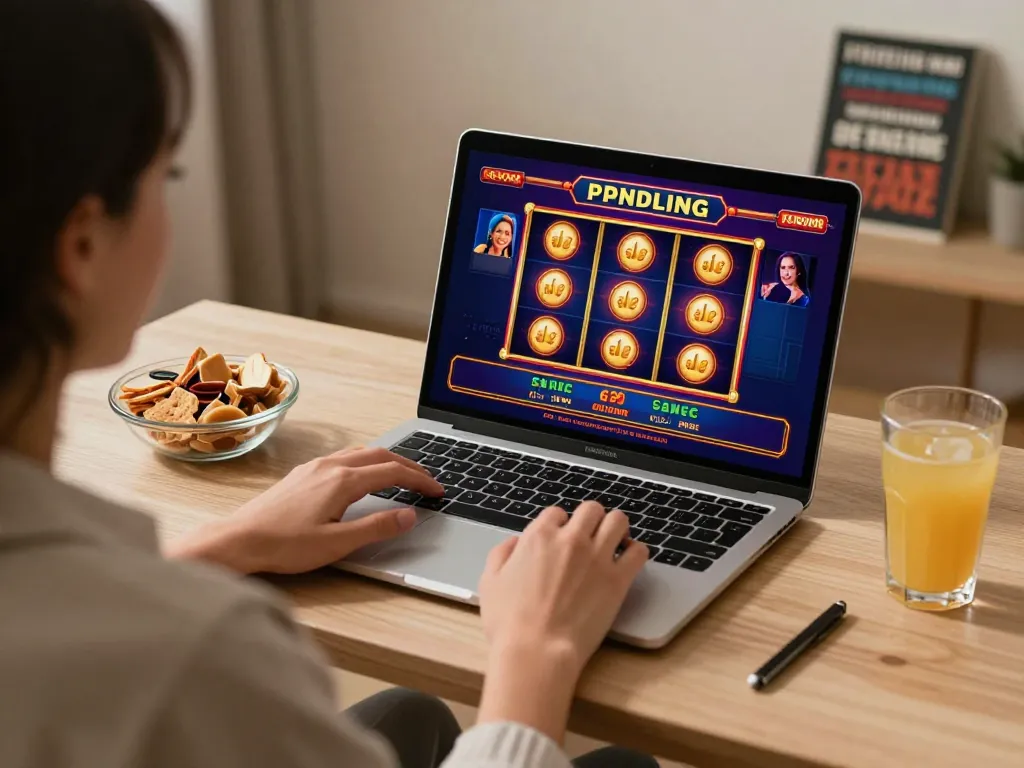 Engaging in online casino gameplay at home, showcasing cm88 gaming interface and cozy setup.