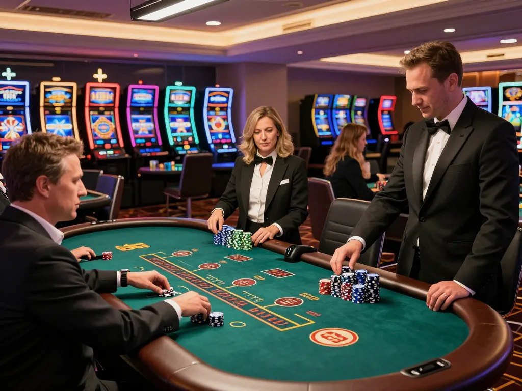 Active players engaging with the dealer at a kkwin blackjack table in a vibrant casino atmosphere