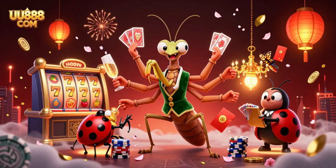 Win big at UU888 COM with this lively illustration of an engaging casino scene featuring unique characters.
