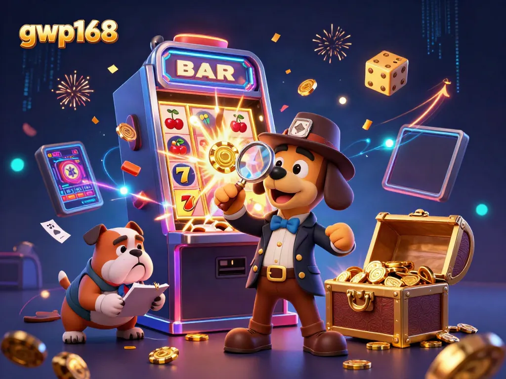 Gwp168 menghadirkan ilustrasi kasino online yang seru dengan detektif dan permainan slot.