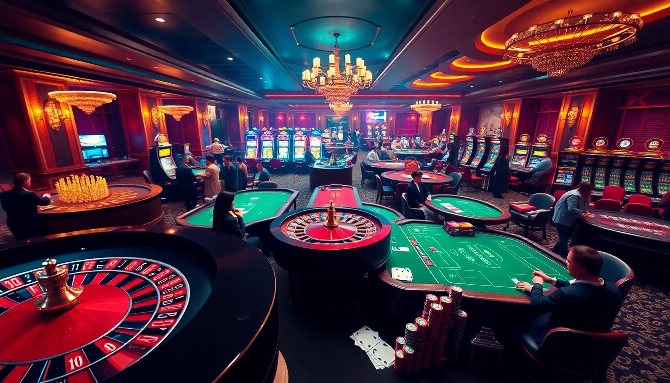 Players enjoying the thrilling SODO CASINO atmosphere with roulette wheels and poker tables in a luxurious setting.