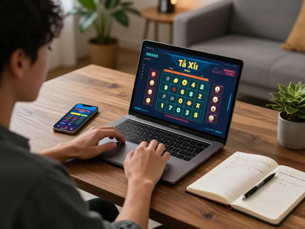 Tài xỉu online gameplay with strategic betting analysis in a cozy home office setup.