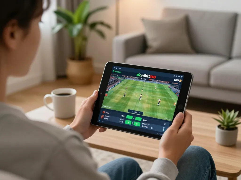 Player engaging with dn88 sports betting app on tablet, showcasing a cozy gaming environment with focus on strategy.