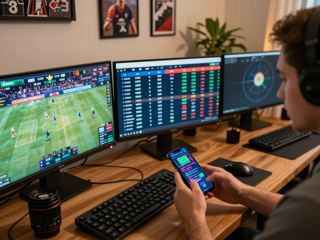 Engaging in sports betting on LGOGOAL platform with live odds displayed on multiple screens.