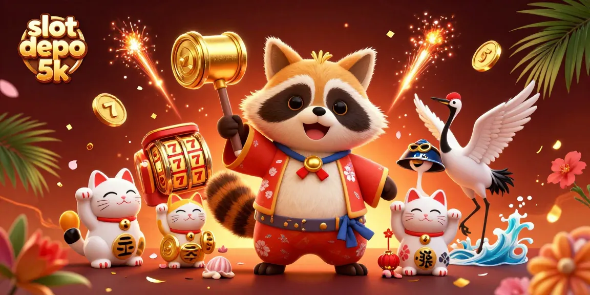 Slot depo 5k menampilkan rakun bahagia dan kucing keberuntungan dalam permainan slot yang seru.