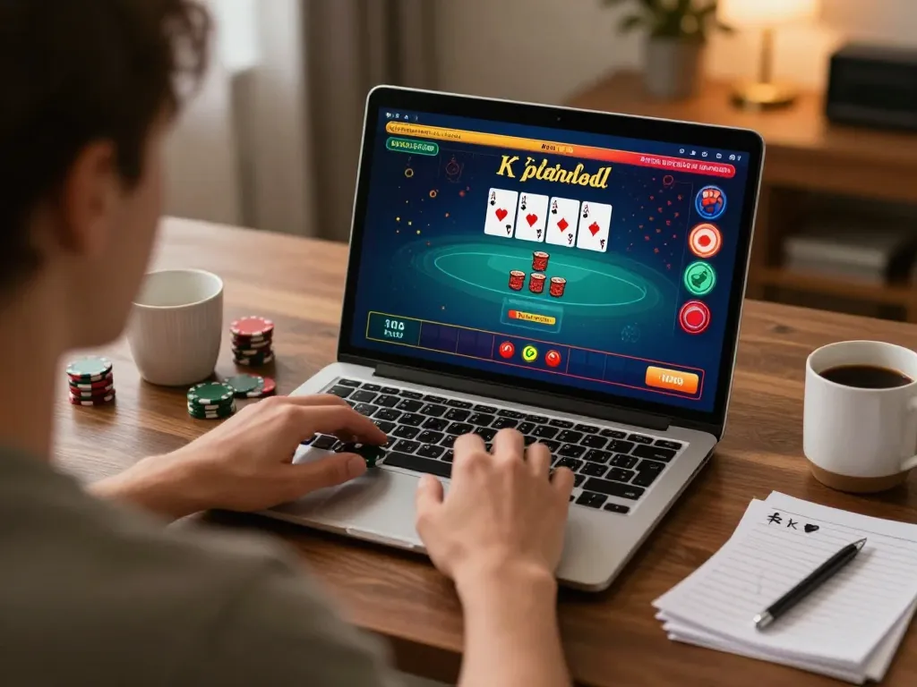 Engaging with uu88 live dealer game on a laptop, showcasing strategic gameplay setup at home.