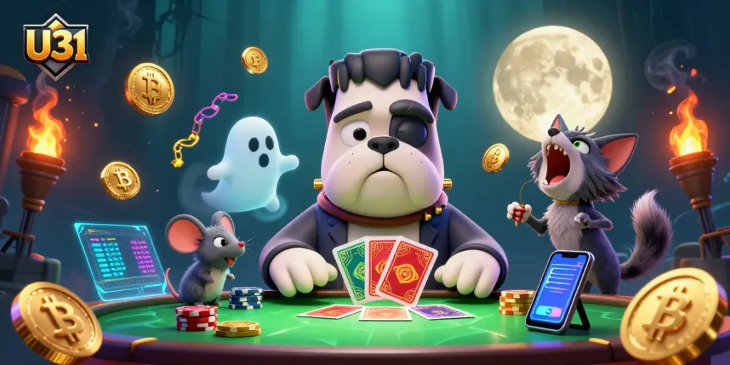 Engage in exciting games at U31 online casino, featuring vibrant characters like a Frankenstein bulldog.