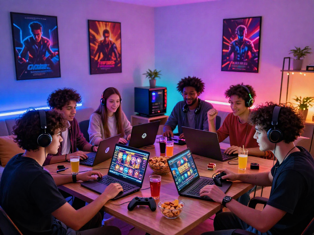 Friends enjoying slot gacor games together in a vibrant gaming room, showcasing excitement and camaraderie.