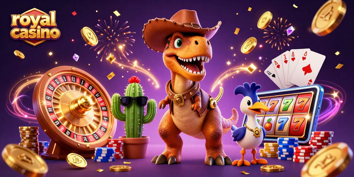 Experience engaging gameplay with royal casino's dynamic illustrations featuring a T-Rex and vibrant game elements.