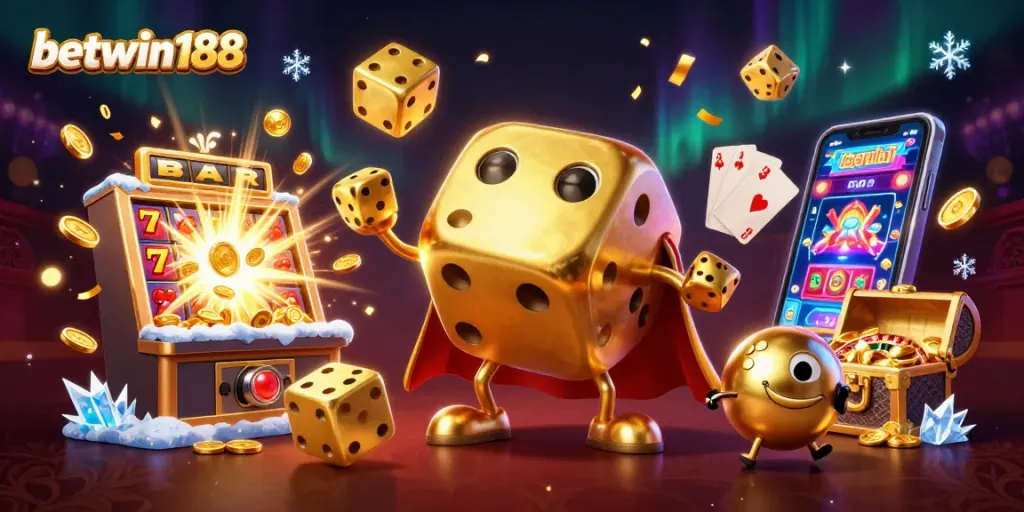 Experience betwin188 with a vibrant 3D casino scene featuring golden dice, jackpots, and lively gaming elements.