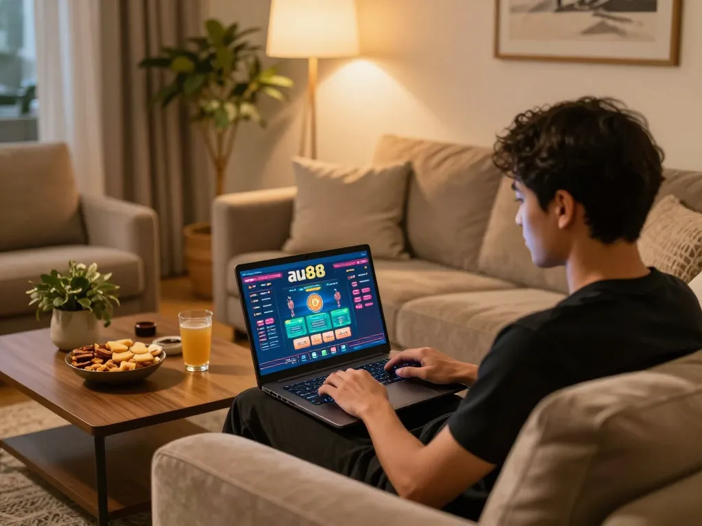 Player engaging with the au88 online casino interface on a laptop while enjoying a cozy home environment.