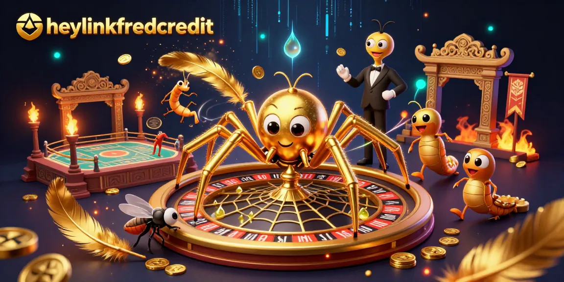 heylinkfreecredit showcases a colorful 3D casino scene with a spider spinning a roulette wheel and dynamic betting action.