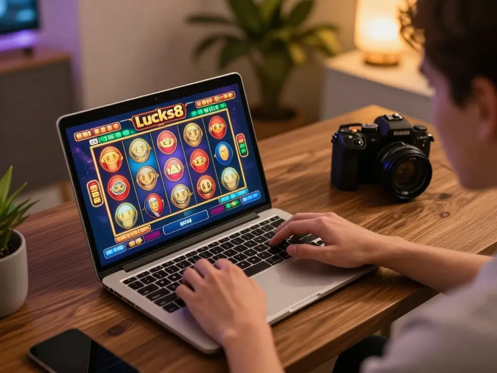 Player enjoying online casino gaming at lucks8, engaging with colorful slot interface.