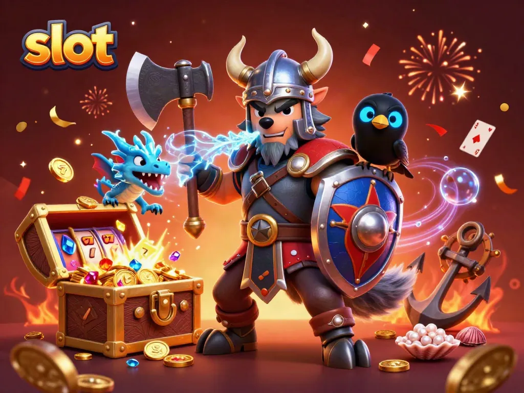 Slot ahli Viking dengan naga, harta karun, dan simbol keberuntungan dalam ilustrasi mengagumkan.
