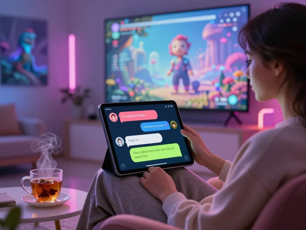 Engaging in ai sex chat with an advanced AI chatbot in a cozy virtual environment.